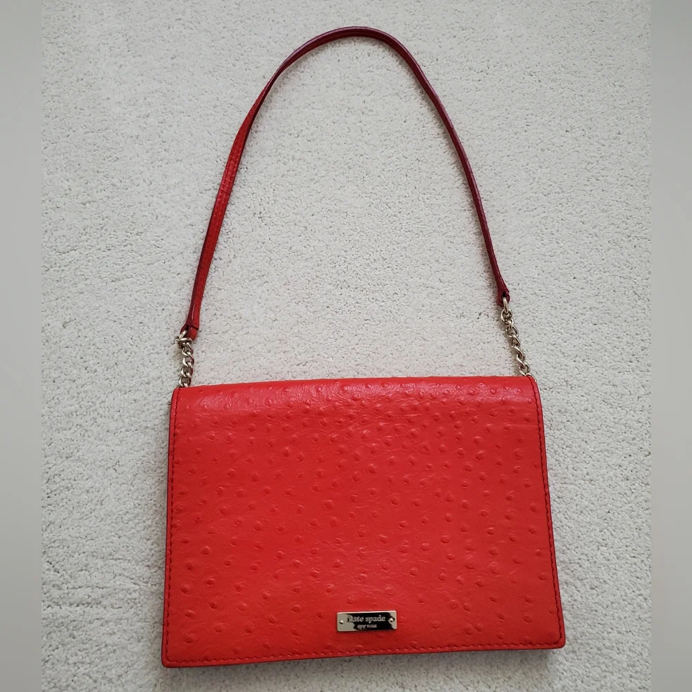 Kate Spade Portola Valley Ostrich Embossed Leather Shoulder Bag in Spice Red